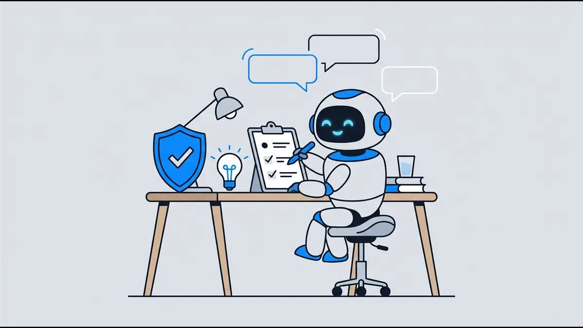 Illustration: a small robot following a checklist, with a shield and a lightbulb