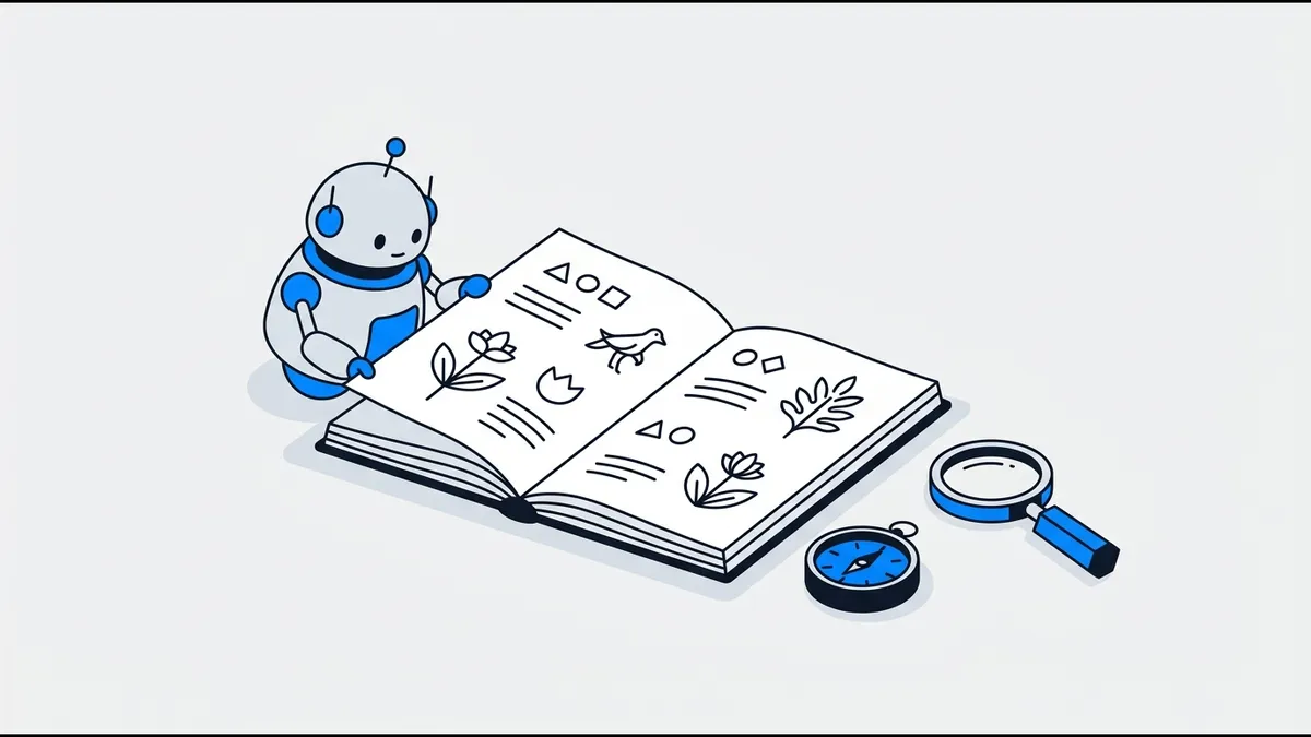 Illustration: a field guide notebook with a small robot, compass and magnifying glass