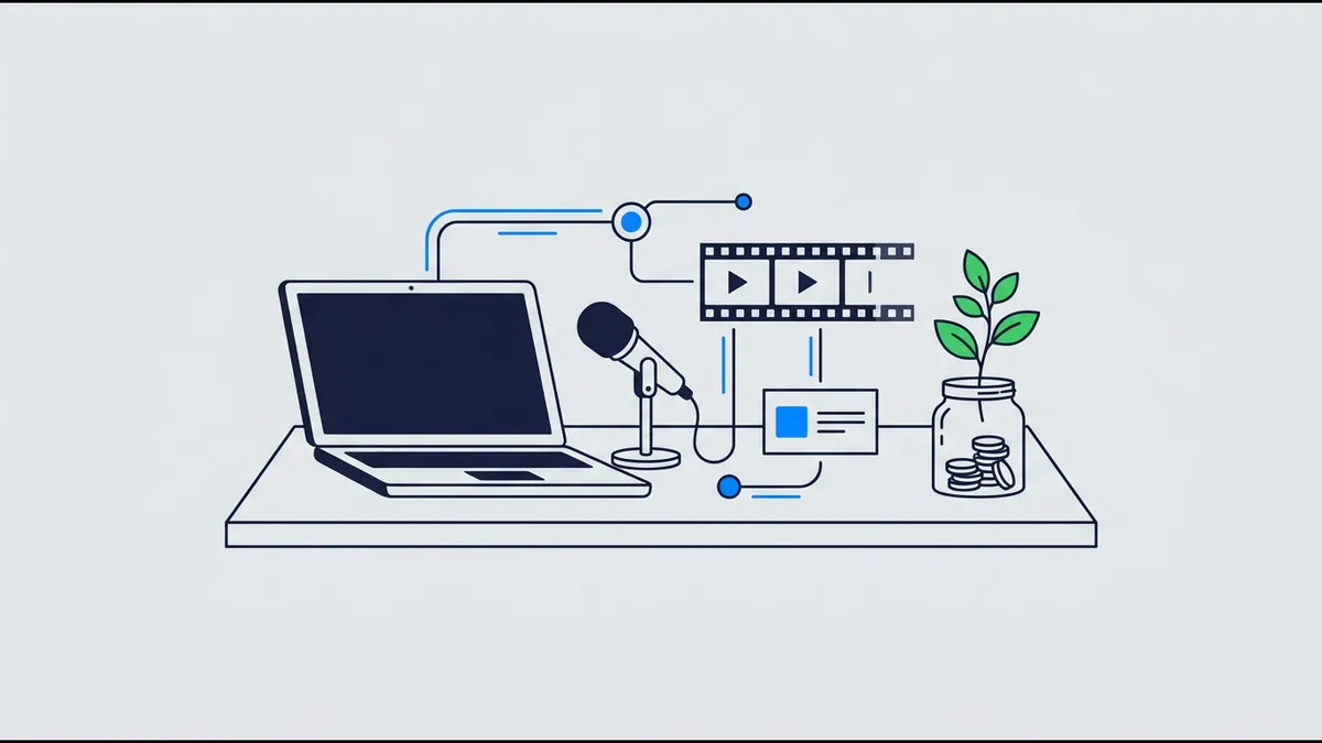 Illustration: a desk with a laptop, video clips, a microphone and automation nodes