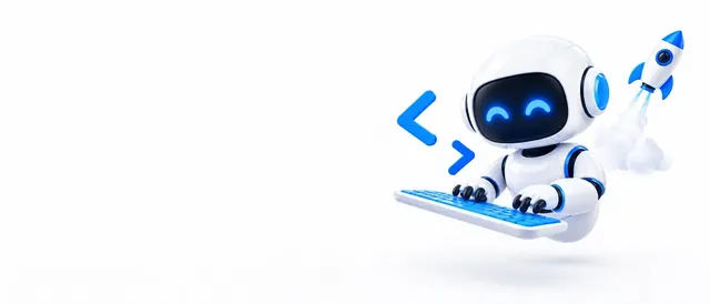The BotPickr robot mascot typing on a floating keyboard with code brackets and a small rocket, on a white background.