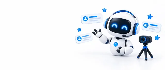 The BotPickr robot mascot hosting a community with chat channels and a game controller motif, on a white background.