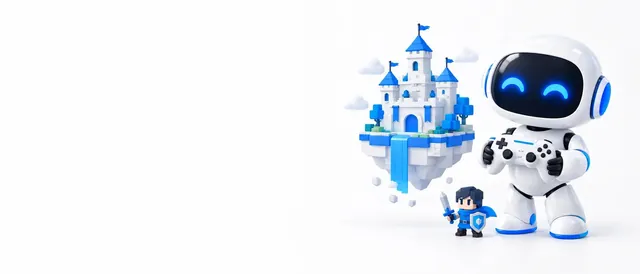 The BotPickr robot mascot holding a game controller beside a floating pixel castle, on a white background.