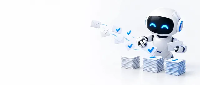 The BotPickr robot mascot sorting a stream of envelopes into neat stacks, on a white background.