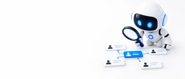 The BotPickr robot mascot looking through a magnifying glass at connected contact cards, on a white background.