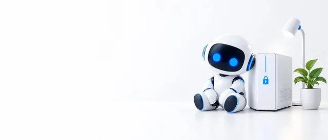 The BotPickr robot mascot sitting beside a small home computer with a padlock light, on a white background.