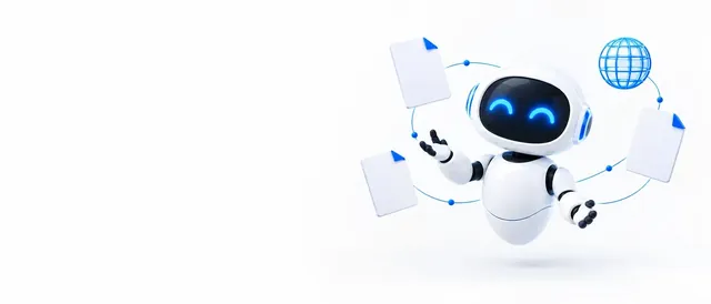 The BotPickr robot mascot surrounded by floating documents and a globe, on a white background.