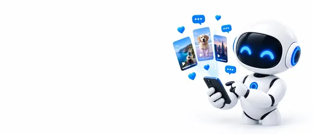 The BotPickr robot mascot holding a phone that shows short video clips with hearts and chat bubbles, on a white background.
