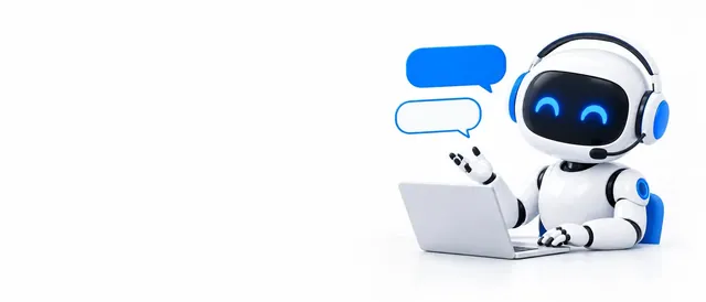 The BotPickr robot mascot wearing a headset and answering chat bubbles, on a white background.