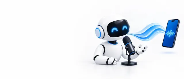 The BotPickr robot mascot speaking into a microphone with sound waves and a phone, on a white background.