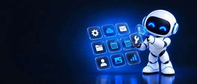 The BotPickr robot mascot inspecting a floating grid of frosted glass app tiles with a magnifying glass, on a dark navy background.