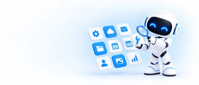 The BotPickr robot mascot inspecting a floating grid of app tiles with a magnifying glass.