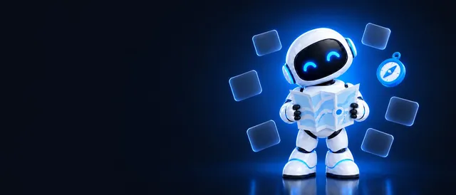 The BotPickr robot mascot holding a folded paper map, with frosted glass tiles and a small blue compass floating around it, on a dark navy background.