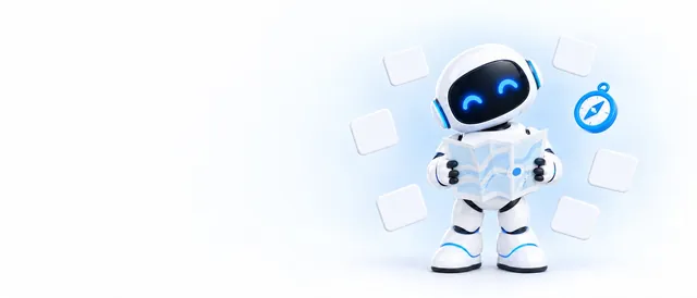 The BotPickr robot mascot holding a folded paper map, with blank tiles and a small blue compass floating around it.