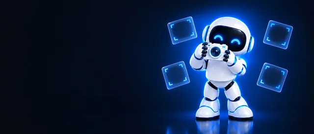 The BotPickr robot mascot holding up a small camera, with floating frosted photo frames that have blue corner brackets, on a dark navy background.