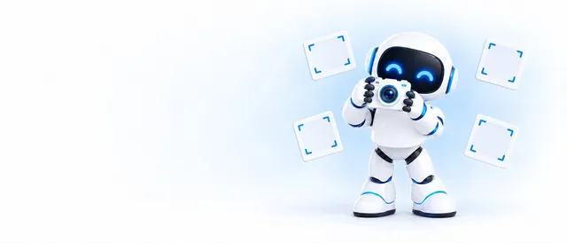 The BotPickr robot mascot holding up a small camera, with floating blank photo frames that have blue corner brackets.