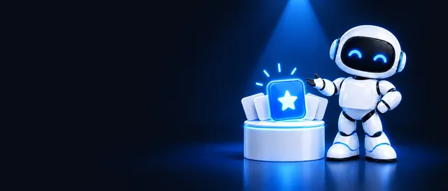 The BotPickr robot mascot standing next to a podium that holds a glowing blue star card under a spotlight, on a dark navy background.