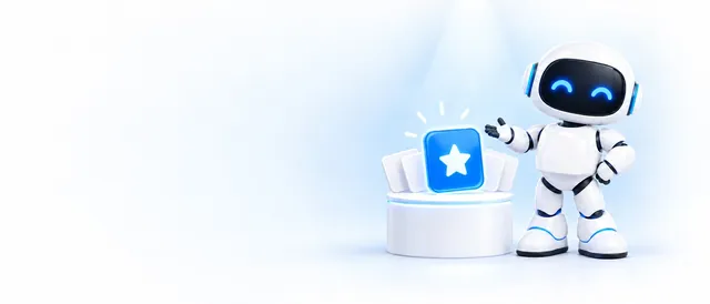 The BotPickr robot mascot standing next to a white podium that holds a glowing blue star card, lit by a soft spotlight.