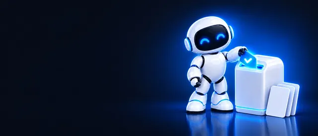 The BotPickr robot mascot sliding a glowing blue card with a checkmark into a glowing kiosk, with blank cards queued beside it, on a dark navy background.