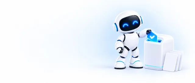 The BotPickr robot mascot sliding a glowing blue card with a checkmark into a white kiosk, with blank cards queued beside it.
