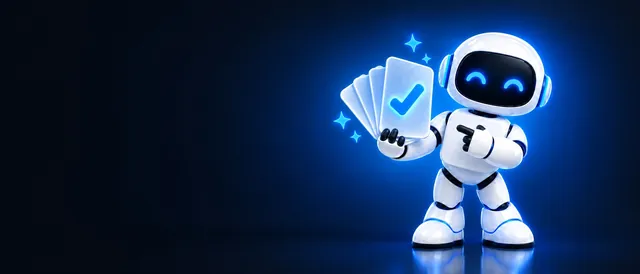 The BotPickr robot mascot presenting a fanned stack of frosted blank cards, the top one with a glowing blue checkmark, on a dark navy background.