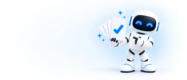 The BotPickr robot mascot presenting a fanned stack of blank cards, the top one with a glowing blue checkmark.