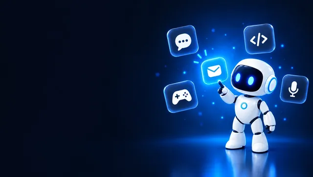 The BotPickr robot mascot pointing at a glowing blue envelope tile among frosted glass chat, code, game controller and microphone tiles on a deep navy background with a blue glow.