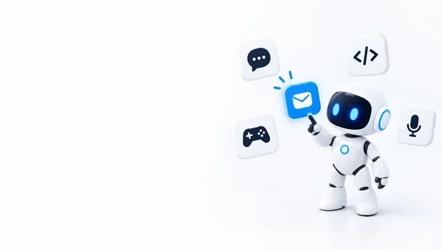 The BotPickr robot mascot, a friendly white robot with a black visor and glowing blue eyes, pointing at a glowing blue envelope tile among floating chat, code, game controller and microphone tiles on a white background.