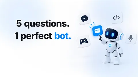 Promo frame with the headline “5 questions. 1 perfect bot.” next to the white robot mascot holding up a glowing blue tile.