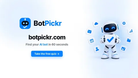 End card with the BotPickr logo, “botpickr.com”, “Find your AI bot in 60 seconds” and a “Take the free quiz” button beside the robot mascot.
