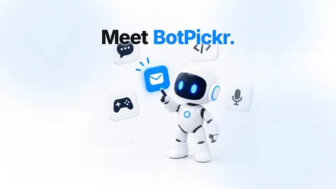 Promo frame with the headline “Meet BotPickr.” above the white robot mascot, which points at a glowing envelope tile among floating chat, code, controller and microphone tiles.