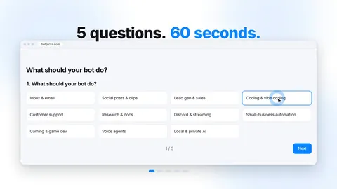 Promo frame with the headline “5 questions. 60 seconds.” above a screenshot of the BotPickr quiz asking what your bot should do.