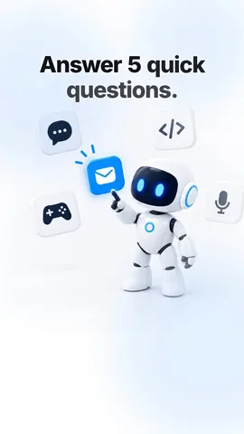 Vertical promo frame with the headline “Answer 5 quick questions.” above the white robot mascot pointing at a glowing envelope tile.