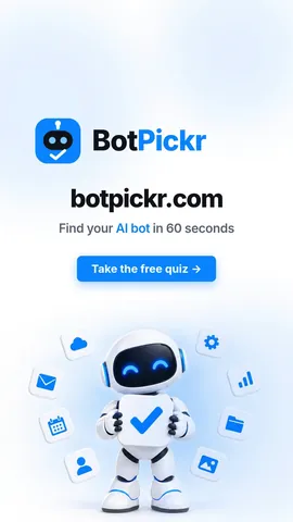 Vertical end card with the BotPickr logo, “botpickr.com”, “Find your AI bot in 60 seconds” and a “Take the free quiz” button above the robot mascot.