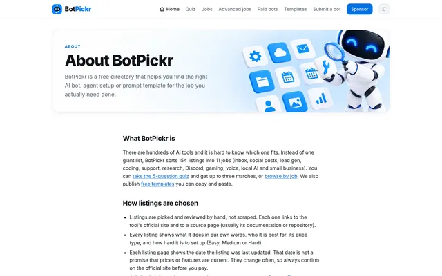 Desktop screenshot of the BotPickr About page: a banner reading “About BotPickr” with the robot mascot inspecting app tiles, followed by the text sections “What BotPickr is” and “How listings are chosen”.