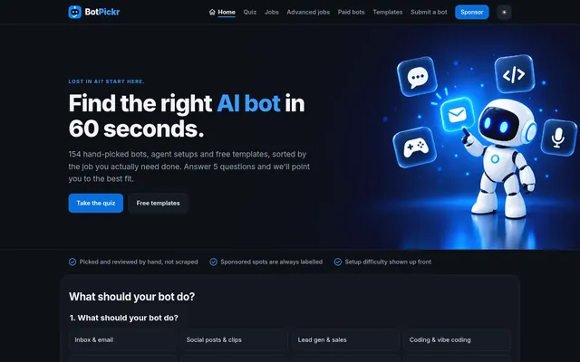 Desktop screenshot of the BotPickr home page in dark mode: the headline “Find the right AI bot in 60 seconds.” beside the glowing robot mascot on a dark background, and the start of the five-question quiz.