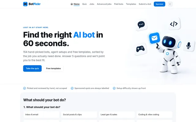 Desktop screenshot of the BotPickr home page in light mode: the headline “Find the right AI bot in 60 seconds.” beside the robot mascot, a row of three trust points, and the start of the five-question quiz.