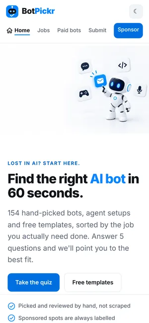 Mobile screenshot of the BotPickr home page in light mode: the robot mascot, the headline “Find the right AI bot in 60 seconds.”, Take the quiz and Free templates buttons, and three trust points.