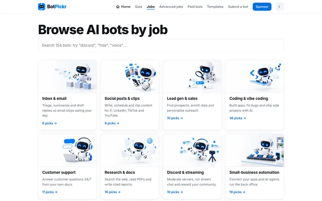 Desktop screenshot of the BotPickr jobs page: a search box and a grid of job cards such as Inbox & email, Social posts & clips, Lead gen & sales and Coding & vibe coding, each with a robot illustration.