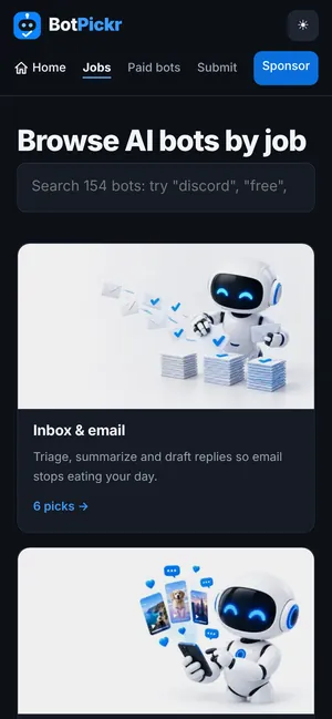 Mobile screenshot of the BotPickr jobs page in dark mode: the heading “Browse AI bots by job”, a search box and job cards with robot illustrations.