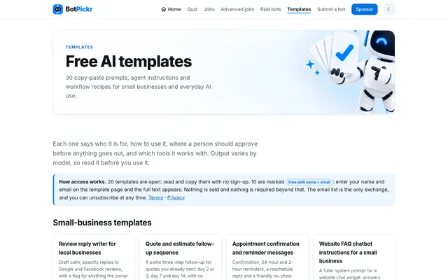 Desktop screenshot of the BotPickr templates page: a banner reading “Free AI templates” with the robot mascot holding a stack of cards, a note on how access works, and the first small-business template cards.