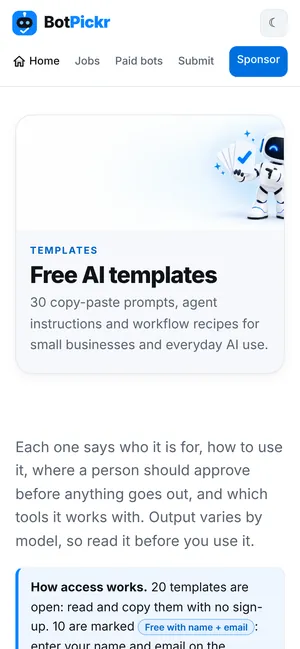 Mobile screenshot of the BotPickr templates page in light mode: a banner reading “Free AI templates” with the robot mascot holding a stack of cards, followed by an introduction.